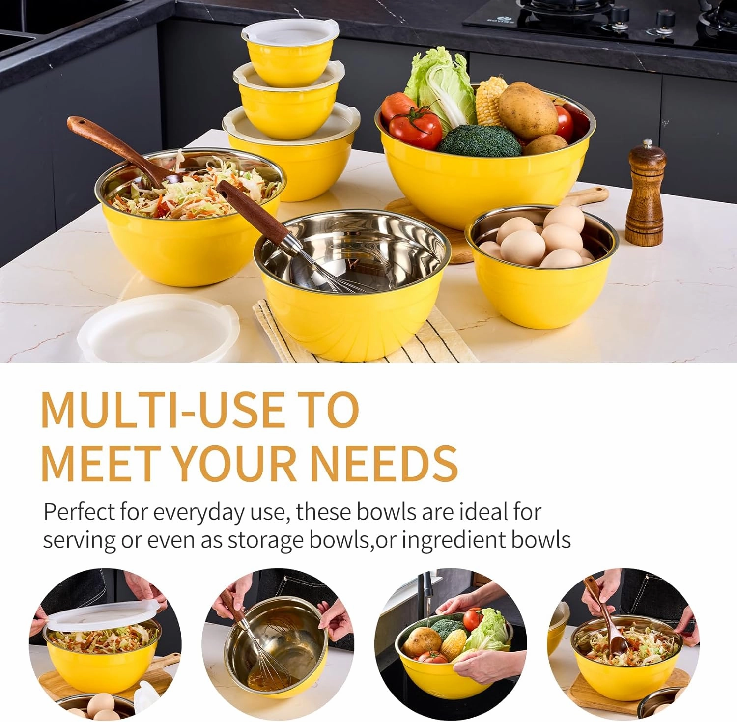 Yellow Mixing Bowls With Airtight Lids,Stainless Steel Bowl,Salad Bowls 7 Piece Colorful Nesting Bowl Rainbow Kitchen Accessories,Size 7,3.6,2.7,2.1,1.5,1.1,0.8QT Stackable Design