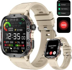Yihou Smart Watch for Men (Answer/Make Calls), Rugged Smartwatch with Blood Pressure/Heart Rate/Sleep Monitor, Waterproof Step Tracker, 1.96" HD Screen for Android/iOS Phones Beige