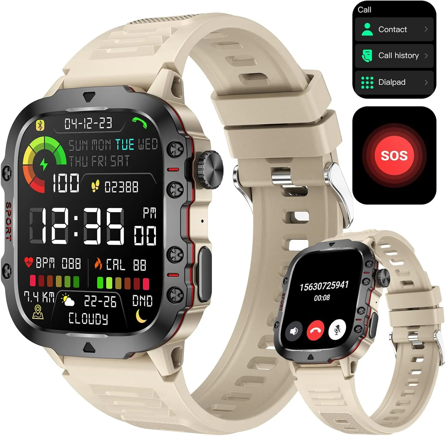 Yihou Smart Watch for Men (Answer/Make Calls), Rugged Smartwatch with Blood Pressure/Heart Rate/Sleep Monitor, Waterproof Step Tracker, 1.96" HD Screen for Android/iOS Phones Beige