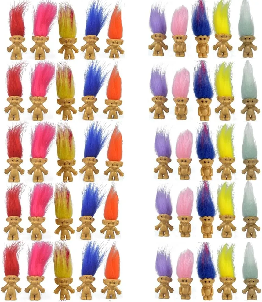 Yintlilocn 50PCS Mini Troll Dolls, PVC Vintage Trolls Lucky Doll Mini Action Figures 1.2" Cake Toppers Chromatic Adorable Cute Little Guys Collection, School Project, Arts Crafts, Party Favors