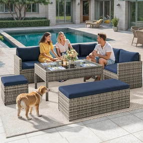 YITAHOME 6-Piece Outdoor Sectional Sofa Set, All-Weather Wicker Patio Conversation Furniture with Lift-Top Dining Table & Ottoman, Navy Blue