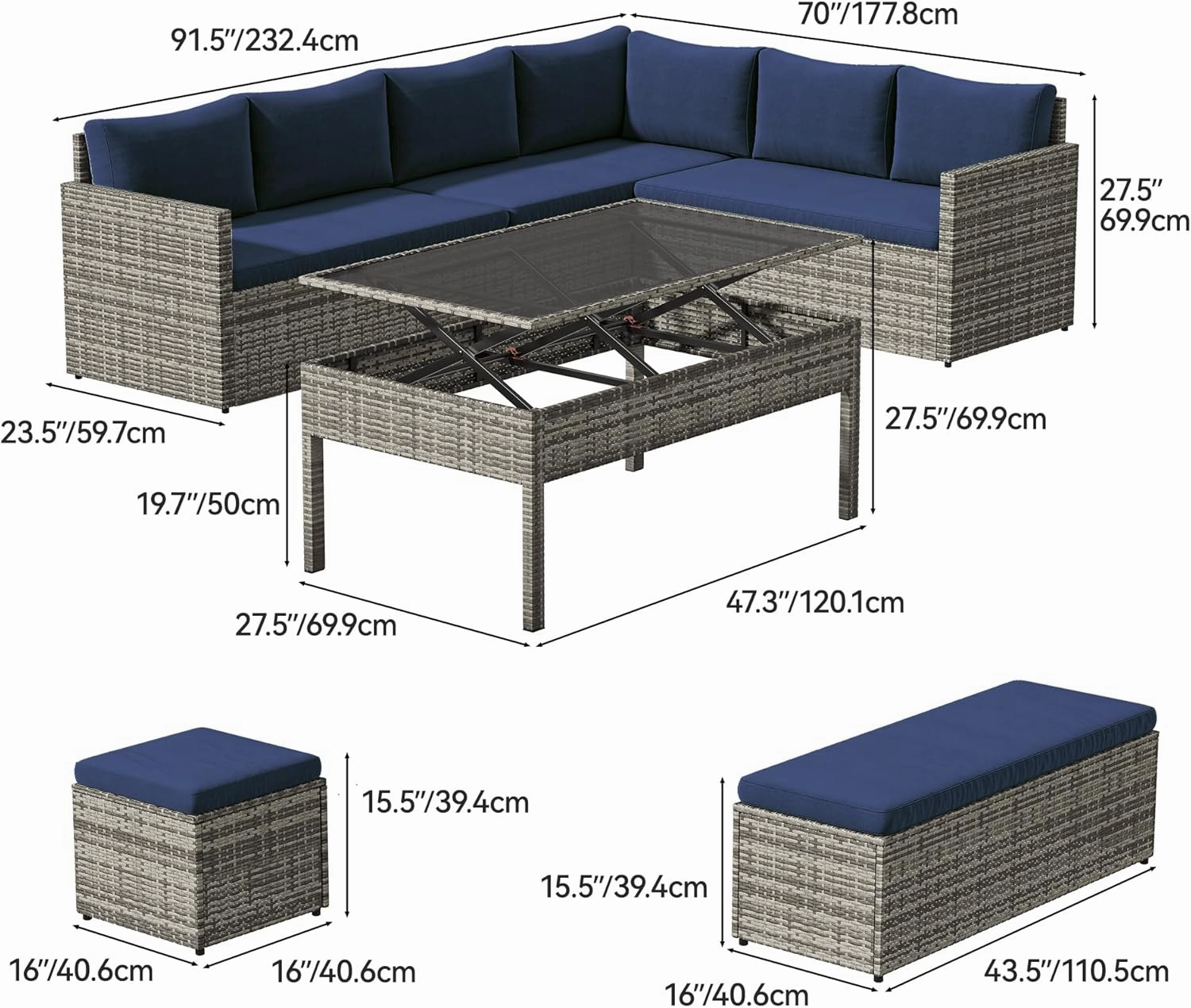 YITAHOME 6-Piece Outdoor Sectional Sofa Set, All-Weather Wicker Patio Conversation Furniture with Lift-Top Dining Table & Ottoman, Navy Blue