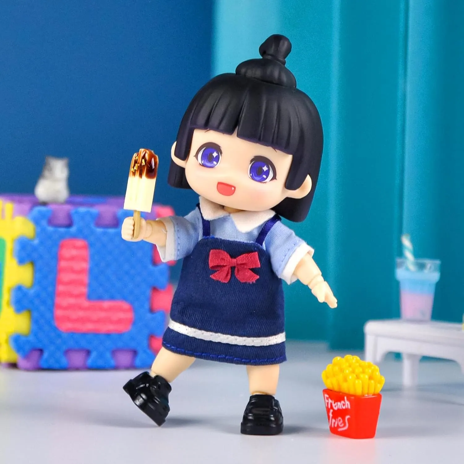 YMY Cute Mini BJD Doll Movable Joint Action Figure Doll （Black-Hair）