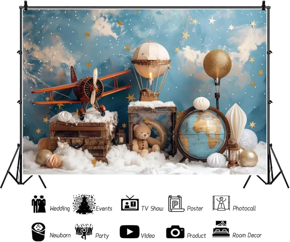 YongFoto Travel Adventure Theme Backdrop 7x5ft Cute Clouds Sky Stars Bear Globe Photography Background Adventure Awaits Baby Shower Girl Boy 1st 2nd Birthday Party Banner Kids Portraits Photoshoot