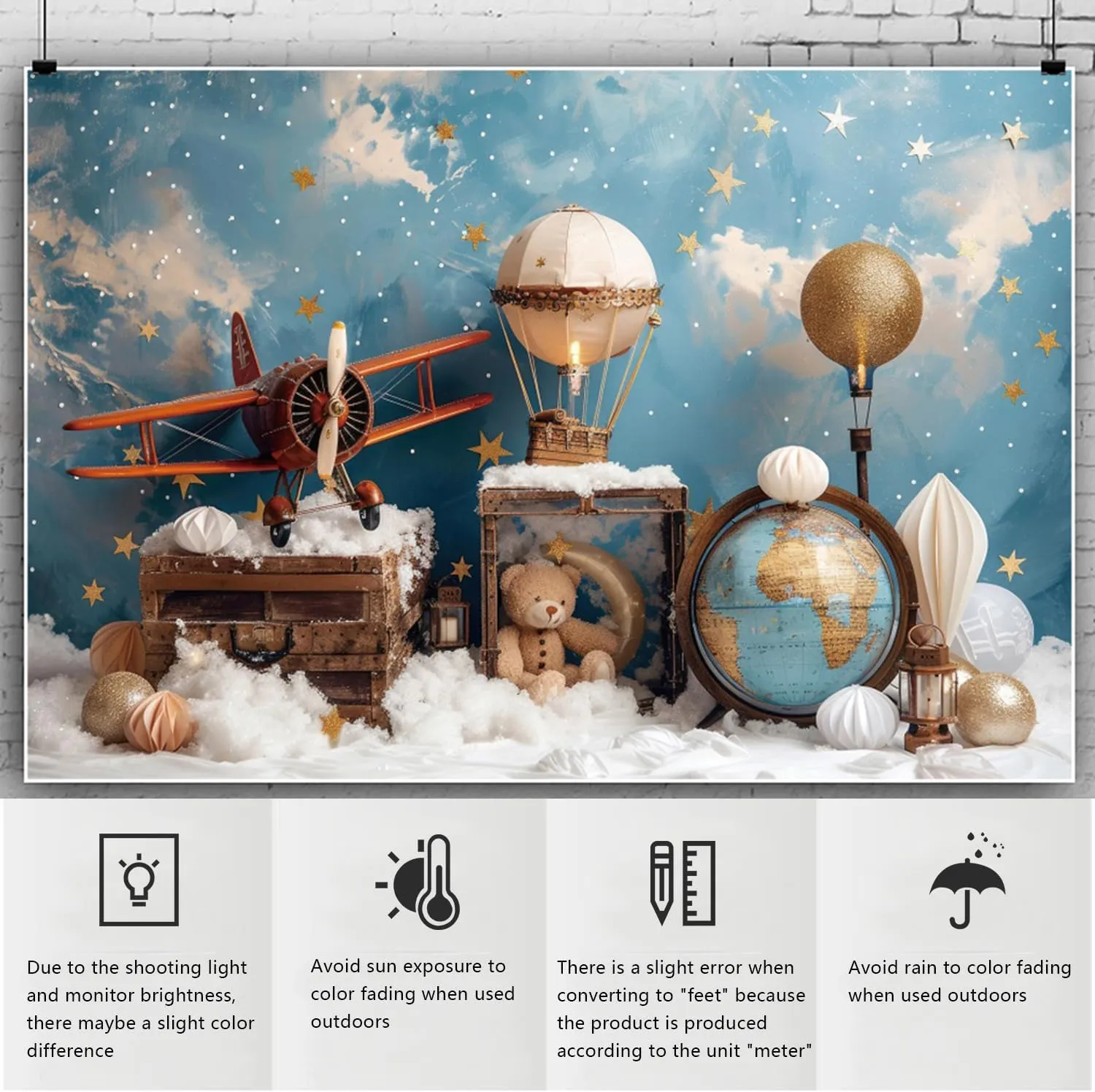 YongFoto Travel Adventure Theme Backdrop 7x5ft Cute Clouds Sky Stars Bear Globe Photography Background Adventure Awaits Baby Shower Girl Boy 1st 2nd Birthday Party Banner Kids Portraits Photoshoot