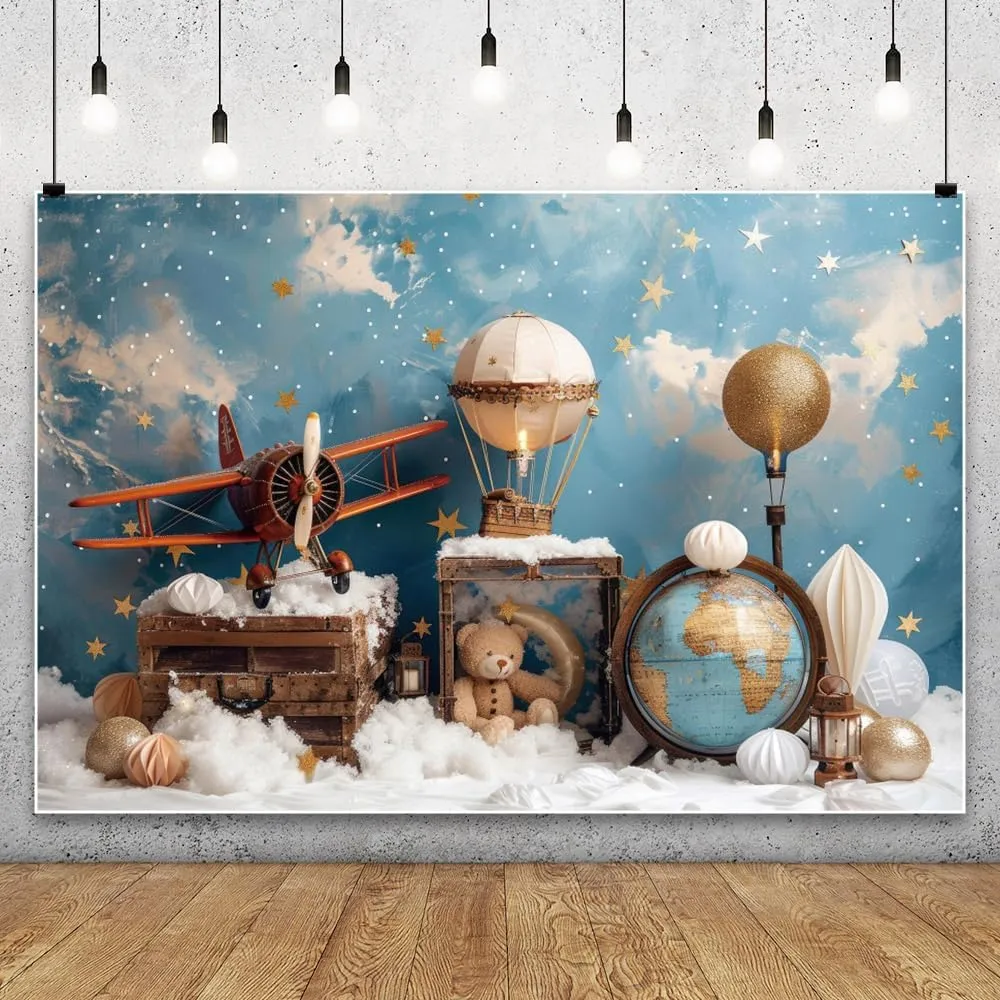 YongFoto Travel Adventure Theme Backdrop 7x5ft Cute Clouds Sky Stars Bear Globe Photography Background Adventure Awaits Baby Shower Girl Boy 1st 2nd Birthday Party Banner Kids Portraits Photoshoot