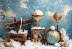 YongFoto Travel Adventure Theme Backdrop 7x5ft Cute Clouds Sky Stars Bear Globe Photography Background Adventure Awaits Baby Shower Girl Boy 1st 2nd Birthday Party Banner Kids Portraits Photoshoot
