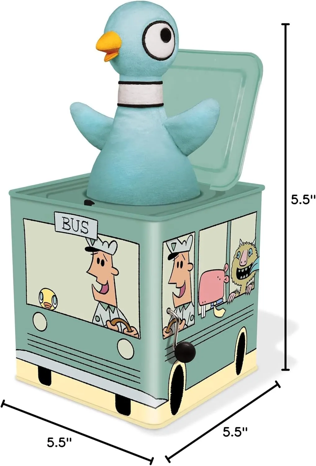 YOTTOY Mo Willems Collection | Jack-in-The-Bus Musical Box w/Pigeon Plush Toy - 5.5”x 5.5”x 5.5”
