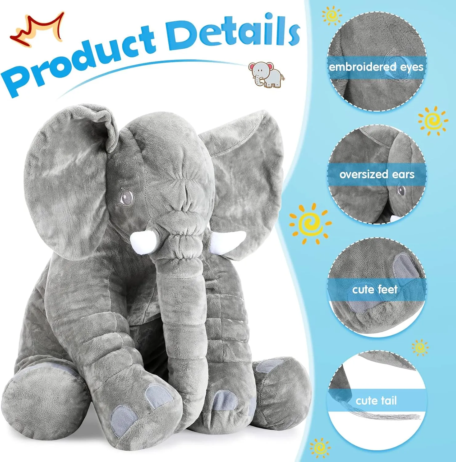 Yulejo Giant Stuffed Elephant Plush Animal Toy Large Soft Stuffed Animal Party Favor Huge Gray Elephant Plush Doll for Kids Girlfriend Home Decor(23.6 Inch)