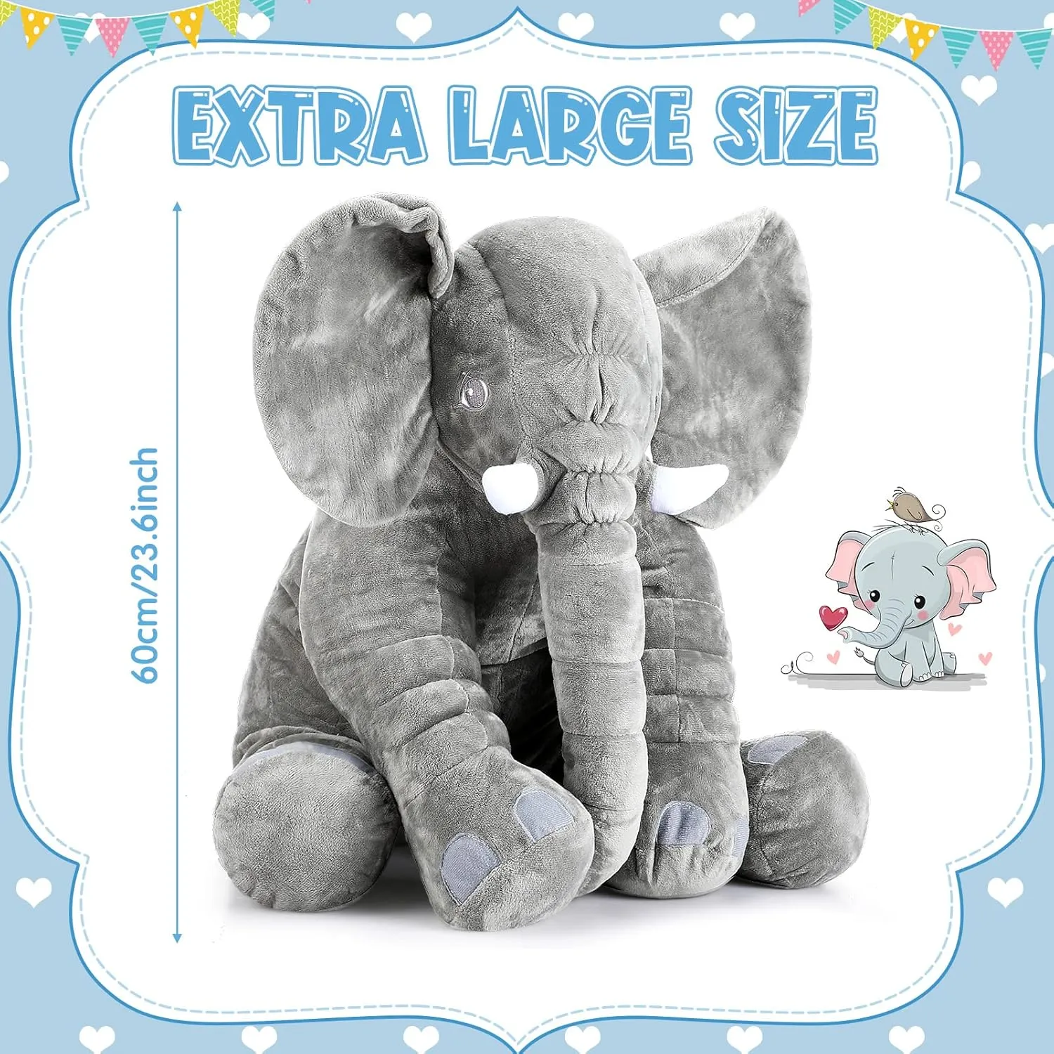 Yulejo Giant Stuffed Elephant Plush Animal Toy Large Soft Stuffed Animal Party Favor Huge Gray Elephant Plush Doll for Kids Girlfriend Home Decor(23.6 Inch)