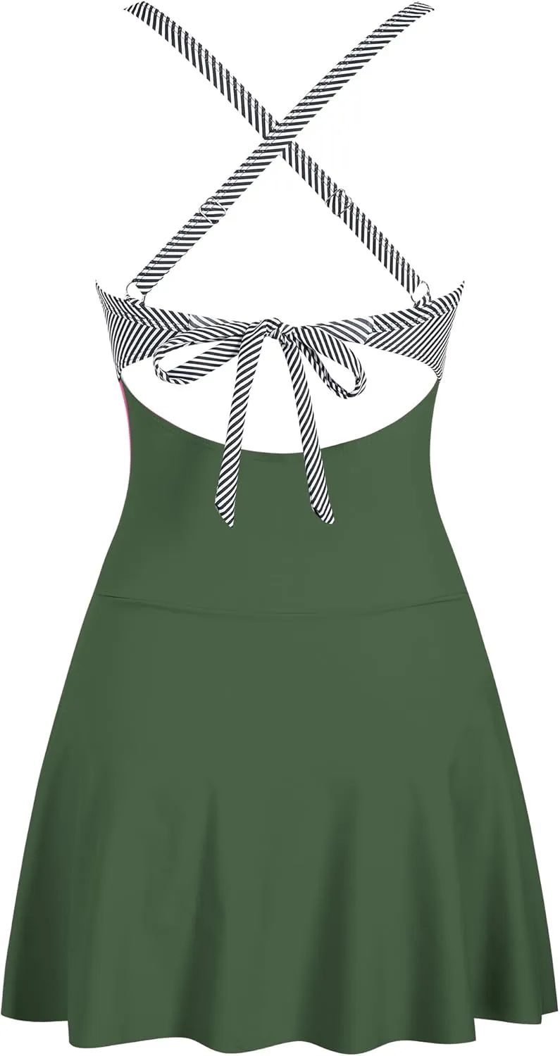 ZAFUL Women One Piece Swimdress Tummy Control Bathing Suit Push Up Swimsuit Modest Swimwear Cutout V Neck Cute Tie Knot Skirt