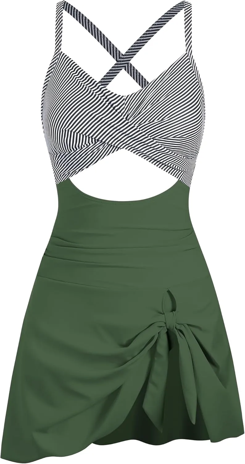 ZAFUL Women One Piece Swimdress Tummy Control Bathing Suit Push Up Swimsuit Modest Swimwear Cutout V Neck Cute Tie Knot Skirt