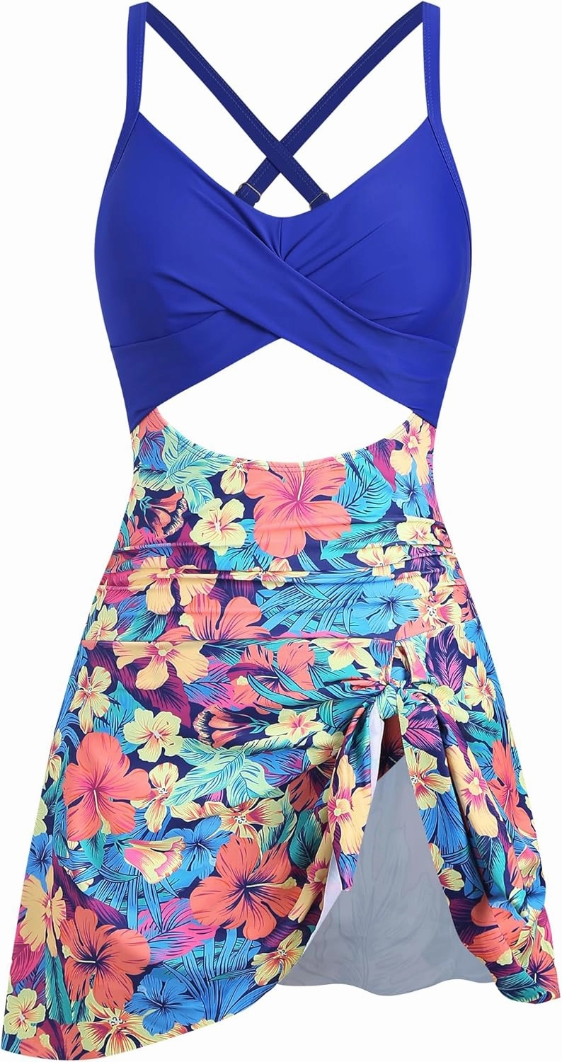 ZAFUL Women One Piece Swimdress Tummy Control Bathing Suit Push Up Swimsuit Modest Swimwear Cutout V Neck Cute Tie Knot Skirt