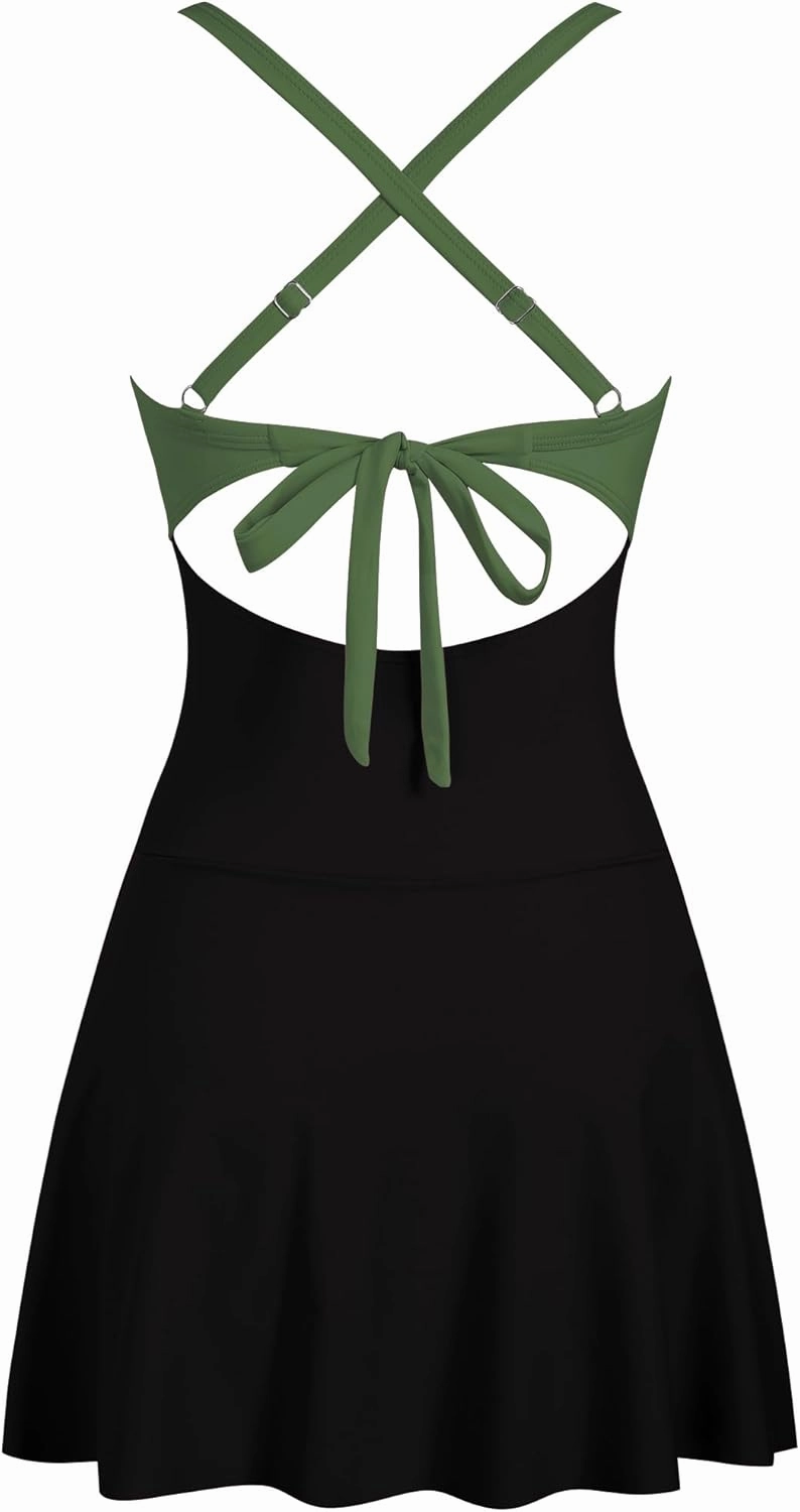 ZAFUL Women One Piece Swimdress Tummy Control Bathing Suit Push Up Swimsuit Modest Swimwear Cutout V Neck Cute Tie Knot Skirt