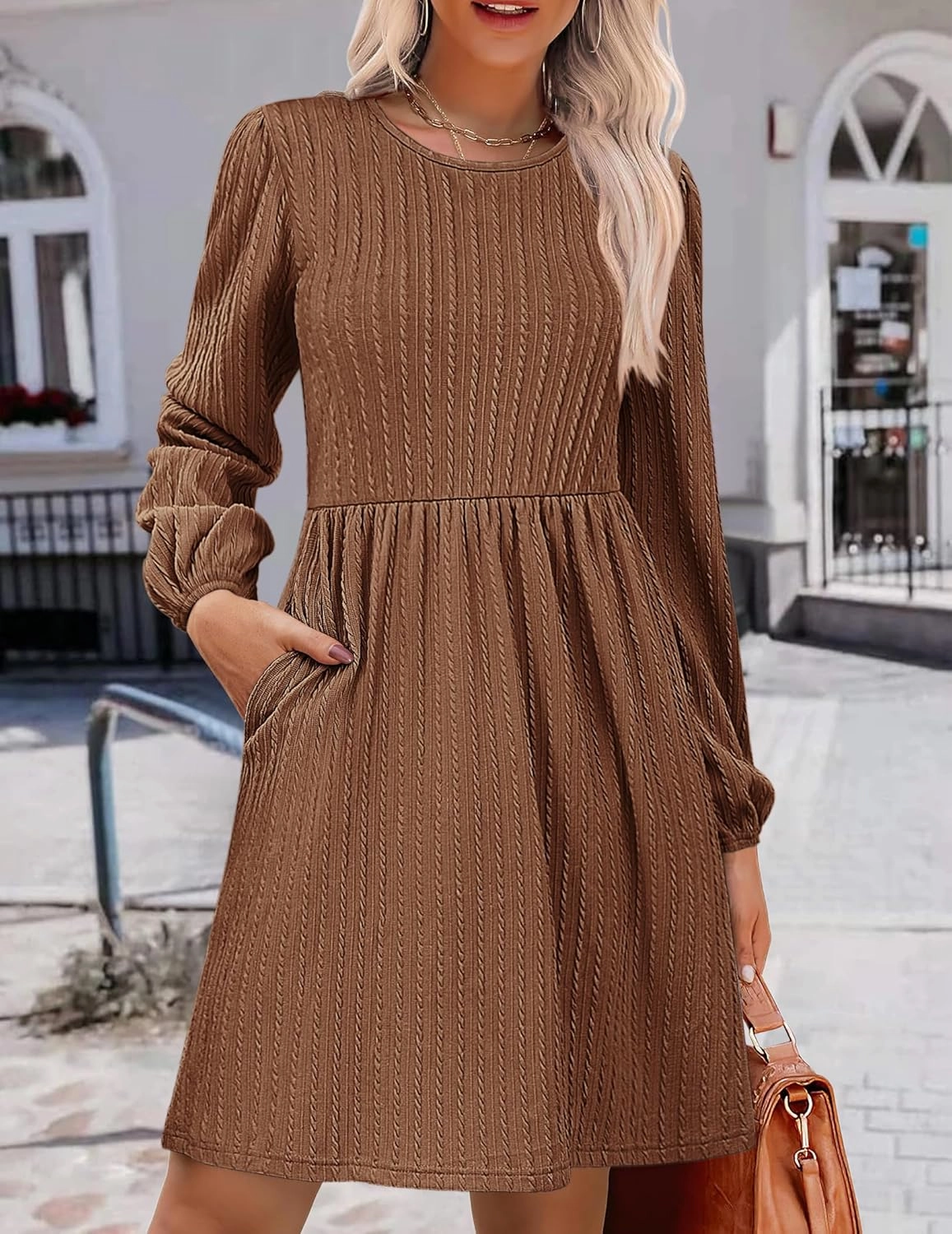 Zeagoo Women's Casual Knit Sweater Dress with Pockets Crew Neck Long Sleeve A-Line Dresses for Women 2024 Fall Dresses