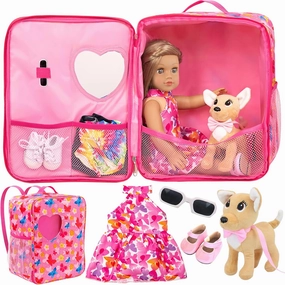 ZITA ELEMENT 5 Items 18 Inch Doll Accessories Carrier Bag Set Including 18 Inch Doll Clothes Dress, 18 Inch Doll Carrier Backpack, 18 Inch Doll Shoes, Sunglasses and Toy Dog - Best Gift for Girls