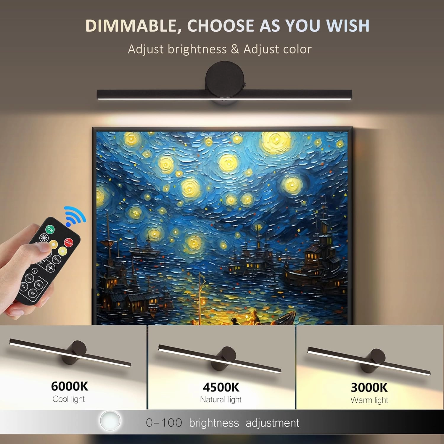 ZitoStory Battery Operated Picture Light with Remote,Wireless Dimmable Art Lights for Paintings Rechargeable Gallery Light Artwork Lighting for Canvas, Portrait (Black,16'' Inch)